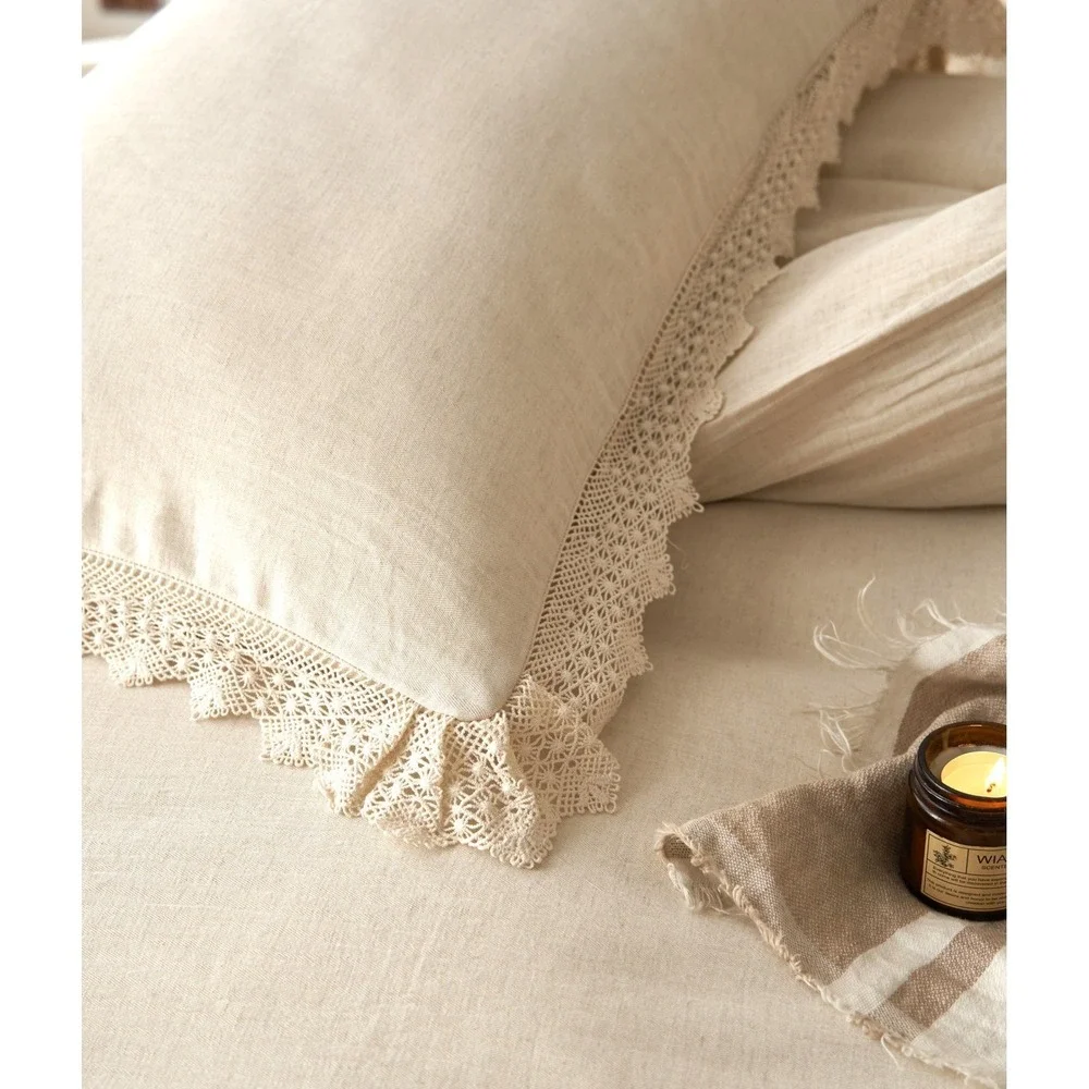 Luna Lace Linen Duvet Cover‎ Set With 2  Pillowcase Top Grade & Natural King